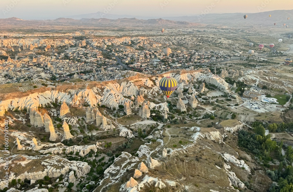 Panoramic view of Cappadocia from hot air ballooning at sunrise in Turkey