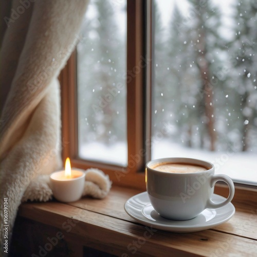 The photo shows a white cup on a saucer sitting on a windowsill. Snow is falling outside, and in the blurred background, snow-covered trees create a feeling of winter atmosphere and coziness.