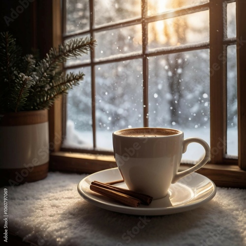 The photo shows a white cup on a saucer sitting on a windowsill. Snow is falling outside, and in the blurred background, snow-covered trees create a feeling of winter atmosphere and coziness.