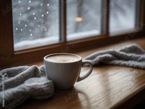 The photo shows a white cup on a saucer sitting on a windowsill. Snow is falling outside, and in the blurred background, snow-covered trees create a feeling of winter atmosphere and coziness.