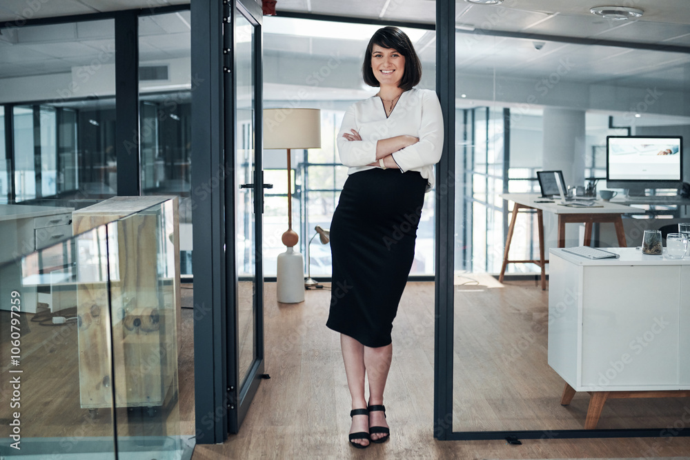 Confident, crossed arms and portrait of businesswoman in office with happiness for finance career. Smile, professional and female financial planner from London with pride for company revenue rate. Confident, crossed arms and portrait of businesswoman in office with happiness for finance career. Smile, professional and female financial planner from London with pride for company revenue rate.