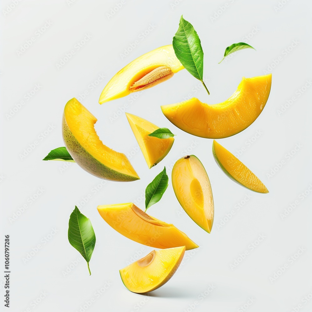 Mango with half slices falling or floating in the air with green leaves isolated on a white background Mango with half slices falling or floating in the air with green leaves isolated on a white background