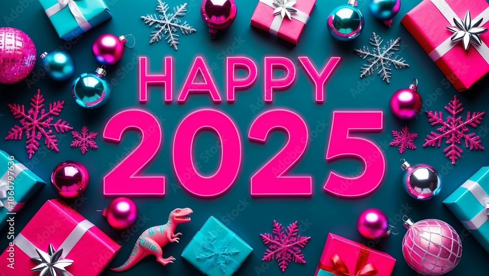 Happy 2025 z ozdobami świątecznymi