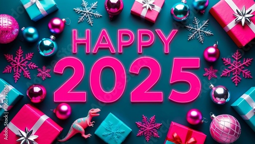 Obraz na płótnie Happy 2025 z ozdobami świątecznymi w salonie
