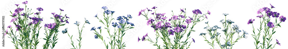Fototapeta premium Set of Linum usitatissimum (Linseed flax) frontal isolated png on a transparent background perfectly cutout high resolution
