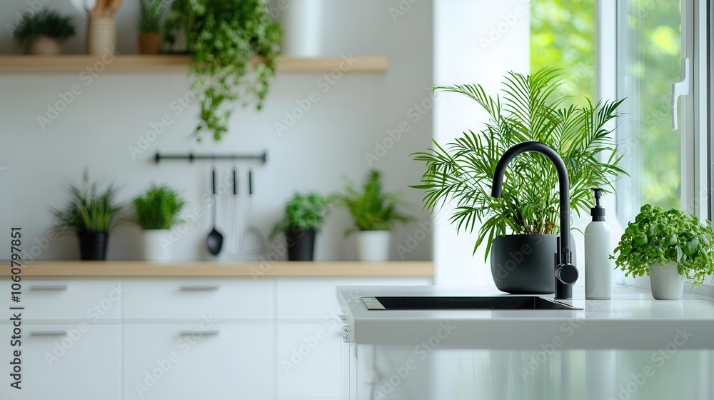Bamboo kitchen with glossy white cabinetry, large windows, lush indoor plants, a mix of elegance and nature Bamboo kitchen with glossy white cabinetry, large windows, lush indoor plants, a mix of elegance and nature