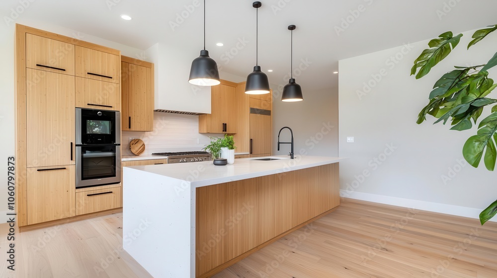 Openconcept bamboo kitchen, large island with bamboo finish, pendant lights, warm tones, sustainable kitchen design
