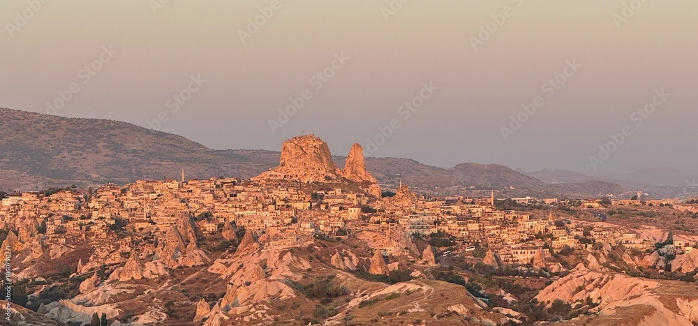 Panoramic view of Uchisar town and its castle at sunrise in Turkey