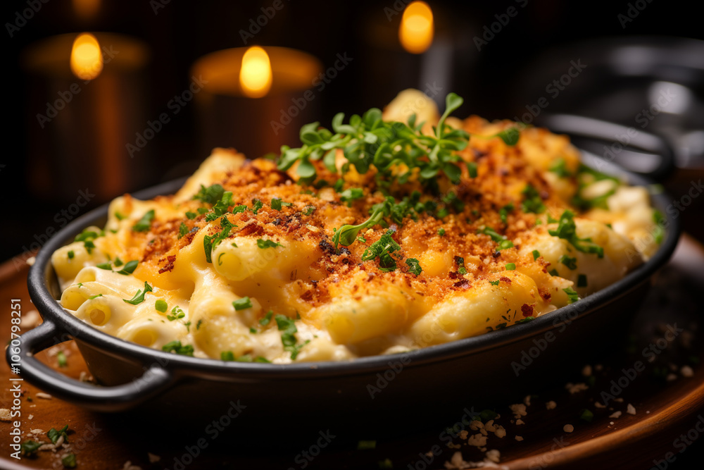 Close-up of gooey mac and cheese with melted cheese stretching served in a colorful dish with a sprinkle of black pepper on top Close-up of gooey mac and cheese with melted cheese stretching served in a colorful dish with a sprinkle of black pepper on top