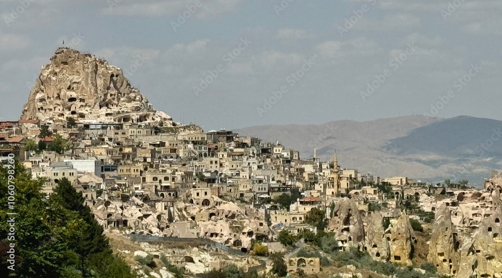 Panoramic view of Uchisar town and its castle in the morning in Turkey