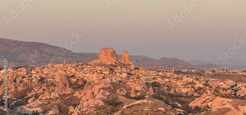 Obraz na płótnie Panoramic view of Uchisar town and its castle at sunrise in Turkey w salonie