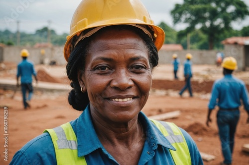 Close portrait of a smiling senior Comorian woman construction worker looking at the camera, Comorian outdoors construction site blurred background photo