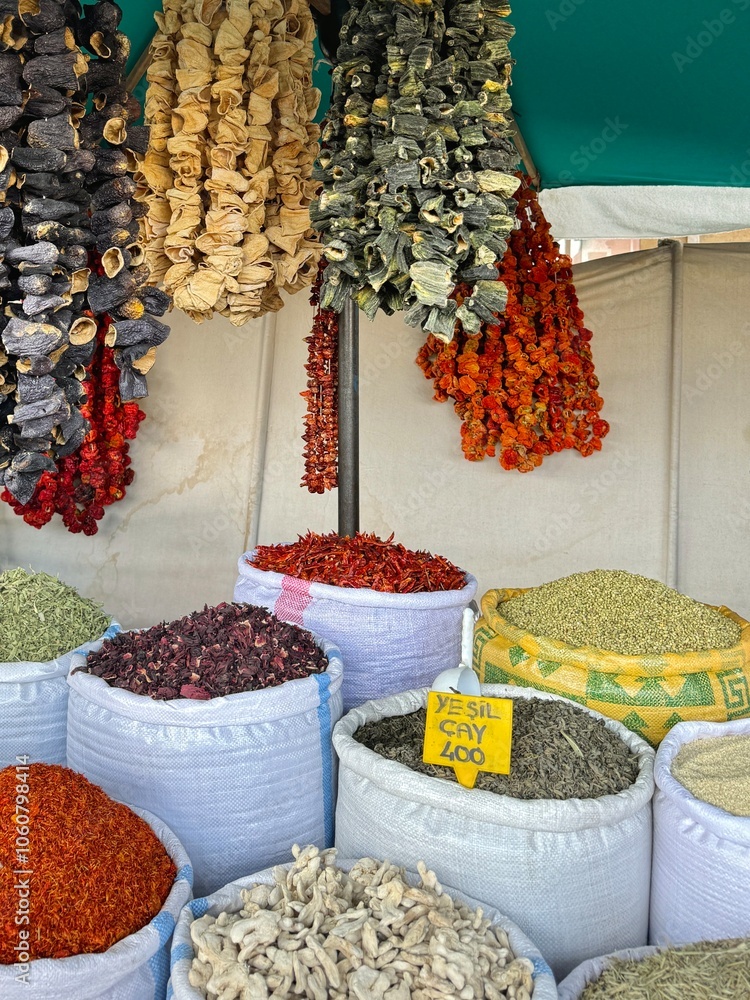 Display of colorful dried food in the market in Turkey