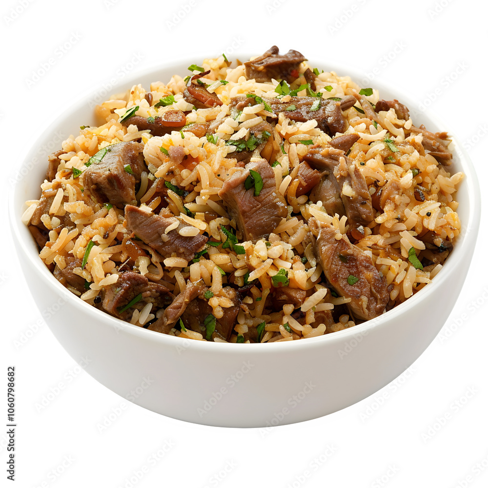 Bowl of appetizing beef and rice garnished with fresh herbs, perfect for culinary presentations and food-related projects Bowl of appetizing beef and rice garnished with fresh herbs, perfect for culinary presentations and food-related projects