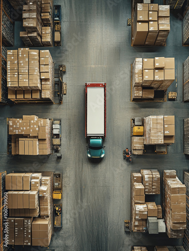 delivery truck positioned in warehouse surrounded by stacked boxes, showcasing organized loading area. scene conveys efficiency and logistics management