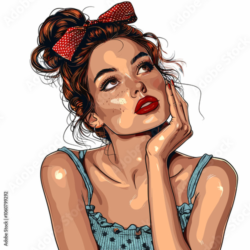 Woman with red hair and a red bow in her hair is looking up at the sky. She is wearing a blue dress and a red shirt