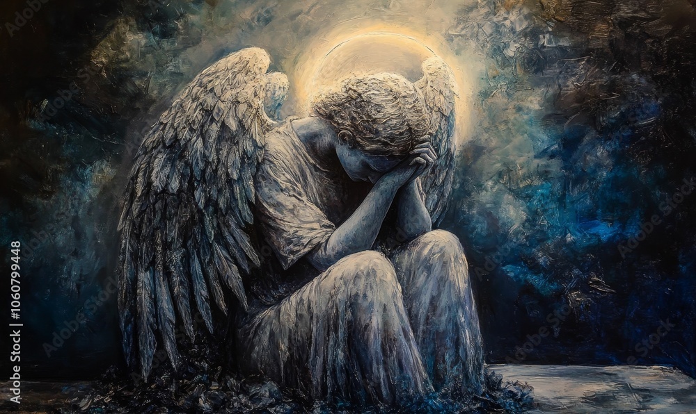 Naklejka premium A sorrowful angel with wings sits alone.