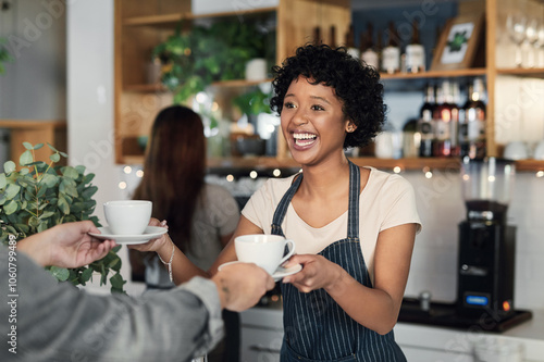 Photography Waitress, happy and customer with coffee order in cafe for breakfast, retail sale and hospitality service