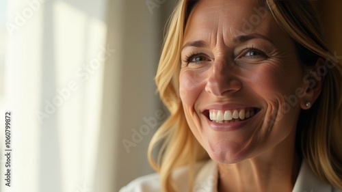 Laughing woman mouth with beautiful healthy white teeth on a white background. Place for text