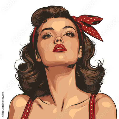 Woman with a red bandana on her head. She is wearing red lipstick and has a red dress on