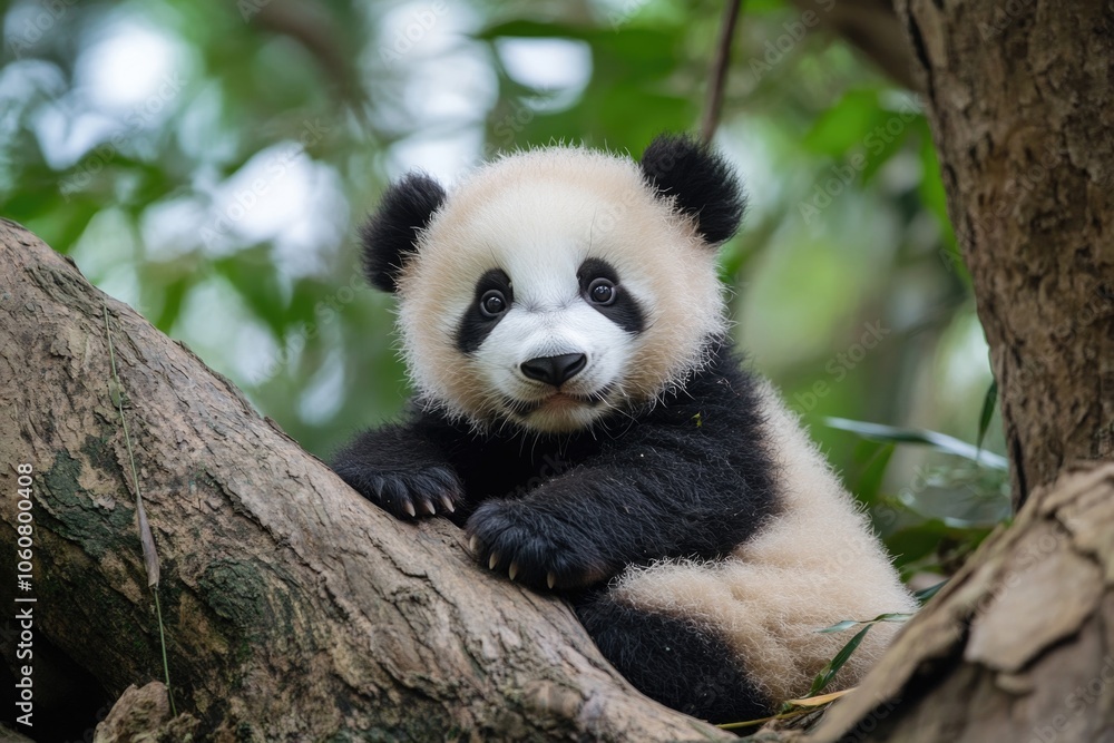 Obraz premium A panda bear is sitting in a tree, offering a moment of serenity and tranquility