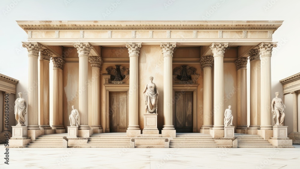 Obraz premium Ancient Roman architecture, ornate columns, symmetrical design, marble temple facade, grand entrance, Corinthian capitals, classical statues, sepia tones, historical illustration, architectural detail