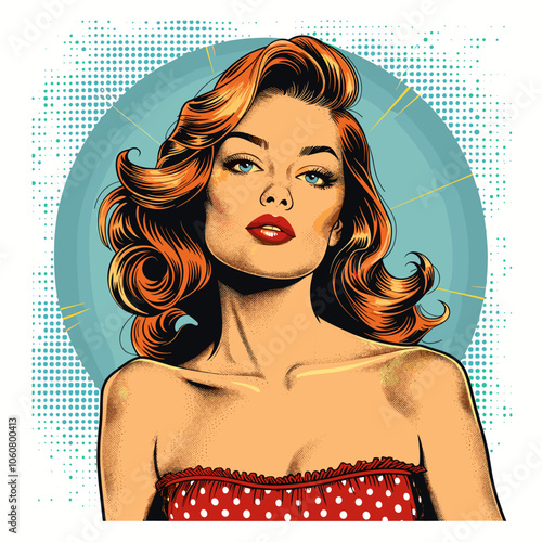 Woman with red hair and a red polka dot top. She is smiling and looking at the camera