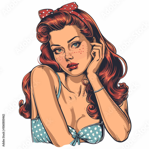 Woman with red hair and a red bow in her hair. She is wearing a blue bra and a white shirt