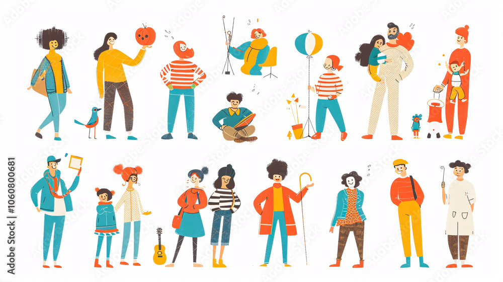 A collection of cartoon people depicting a happy lifestyle, featuring child-like, hand-drawn illustrations on paper. A collection of cartoon people depicting a happy lifestyle, featuring child-like, hand-drawn illustrations on paper.