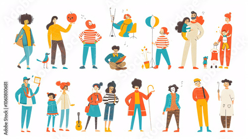 A collection of cartoon people depicting a happy lifestyle, featuring child-like, hand-drawn illustrations on paper.