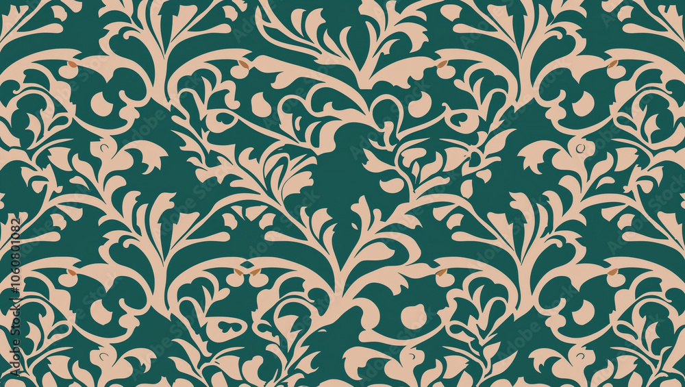 Elegant floral pattern with intricate leaf designs, green base. Elegant floral pattern with intricate leaf designs, green base.