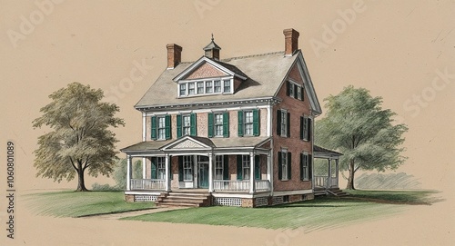 Early American saltbox house hand drawing photo