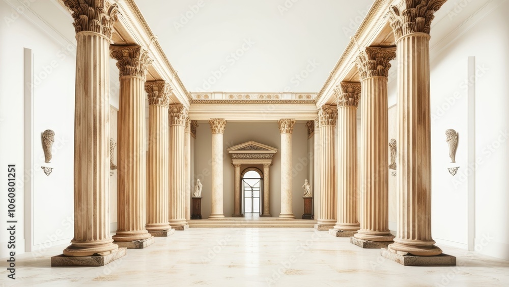 Fototapeta premium Ancient Roman architecture, ornate columns, symmetrical design, marble temple facade, grand entrance, Corinthian capitals, classical statues, sepia tones, historical illustration, architectural detail