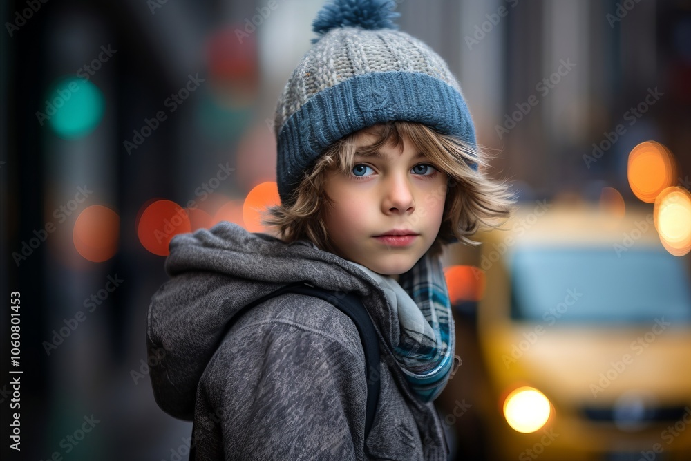 Portrait of a boy in a knitted hat and scarf on the background of the night city. Portrait of a boy in a knitted hat and scarf on the background of the night city.