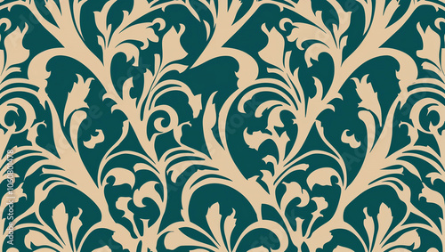 Decorative foliage pattern with intricate curves, cream background.