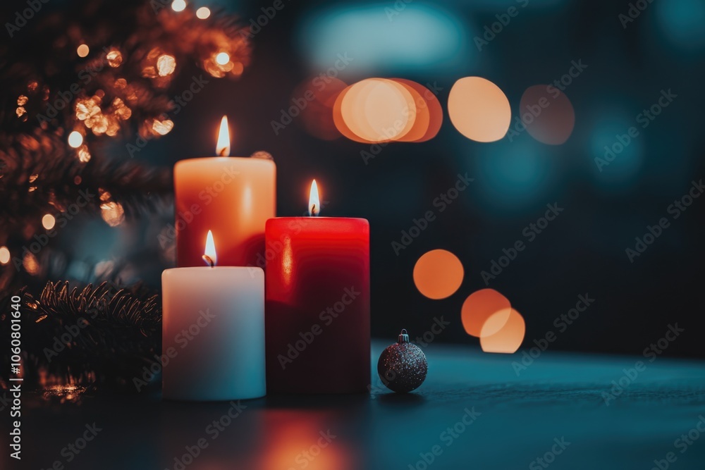 Simple setup of three candles on a table, ready for use Simple setup of three candles on a table, ready for use
