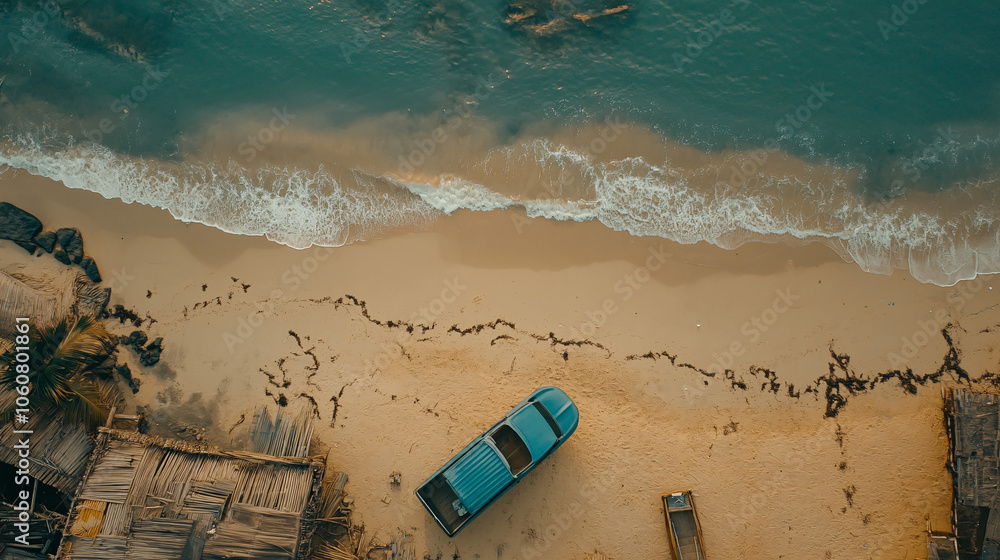 aerial view of tropical beach with blue pickup truck and wooden structures aerial view of tropical beach with blue pickup truck and wooden structures