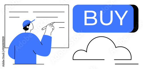 Man pointing at large BUY button with cloud element. Ideal for e-commerce, online shopping, digital marketing, sales strategies, user interactions, web design, and business growth. Line metaphor