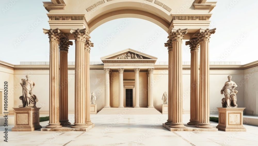 Obraz premium Ancient Roman architecture, ornate columns, symmetrical design, marble temple facade, grand entrance, Corinthian capitals, classical statues, sepia tones, historical illustration, architectural detail