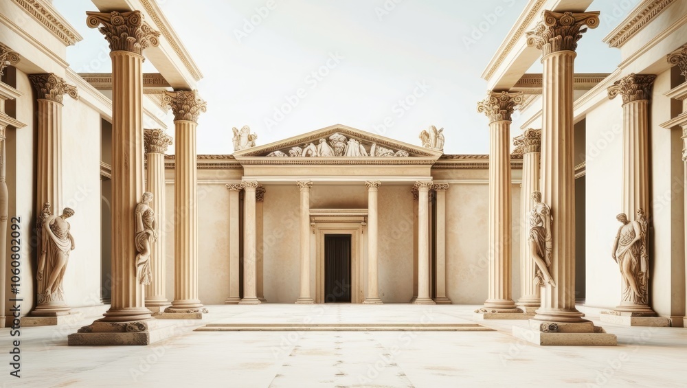 Obraz premium Ancient Roman architecture, ornate columns, symmetrical design, marble temple facade, grand entrance, Corinthian capitals, classical statues, sepia tones, historical illustration, architectural detail