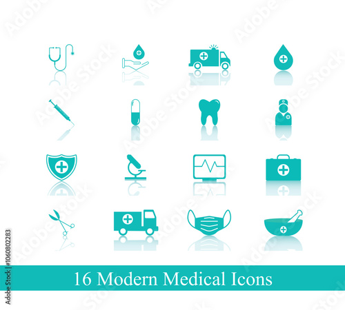 16 flat turquoise (aqua color) medical icons with reflective shadows for modern design