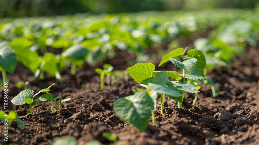 Close-up of vibrant green bean sprouts emerging from rich soil, showcasing the early stages of plant growth. Close-up of vibrant green bean sprouts emerging from rich soil, showcasing the early stages of plant growth.