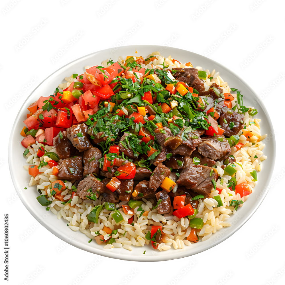 Delicious beef stir-fry meal with vibrant veggies and rice, topped with fresh herbs, presented on a clean white plate Delicious beef stir-fry meal with vibrant veggies and rice, topped with fresh herbs, presented on a clean white plate