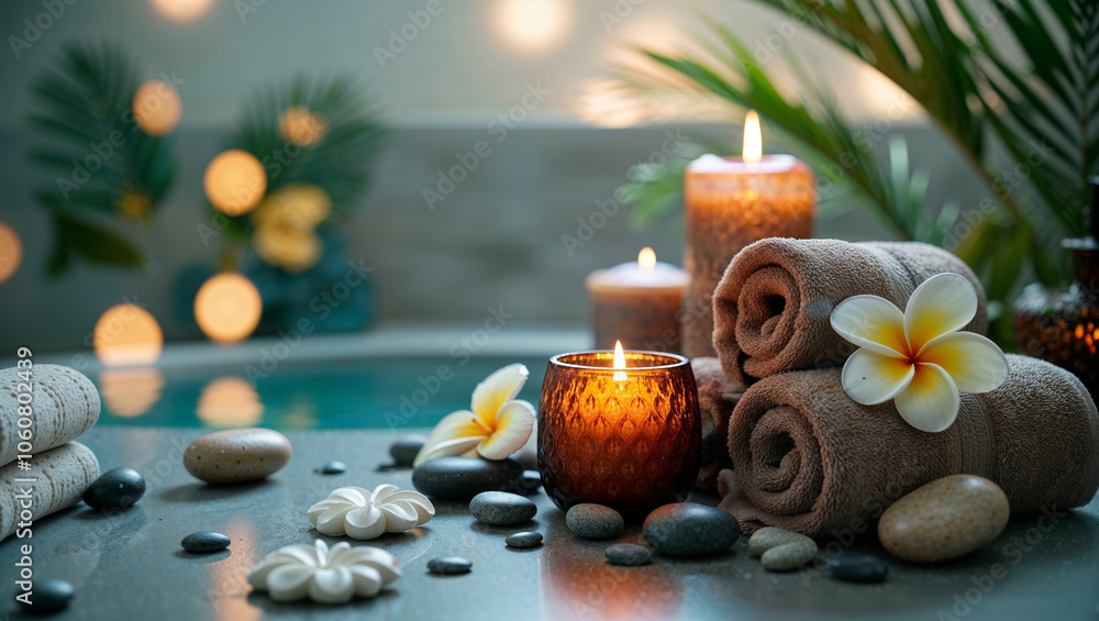 Tranquil spa setting with candles and rolled towels, serene vibe Tranquil spa setting with candles and rolled towels, serene vibe