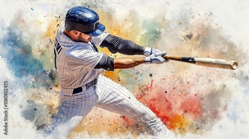 Baseball player hitting a home run, bat connecting with the ball, watercolor style