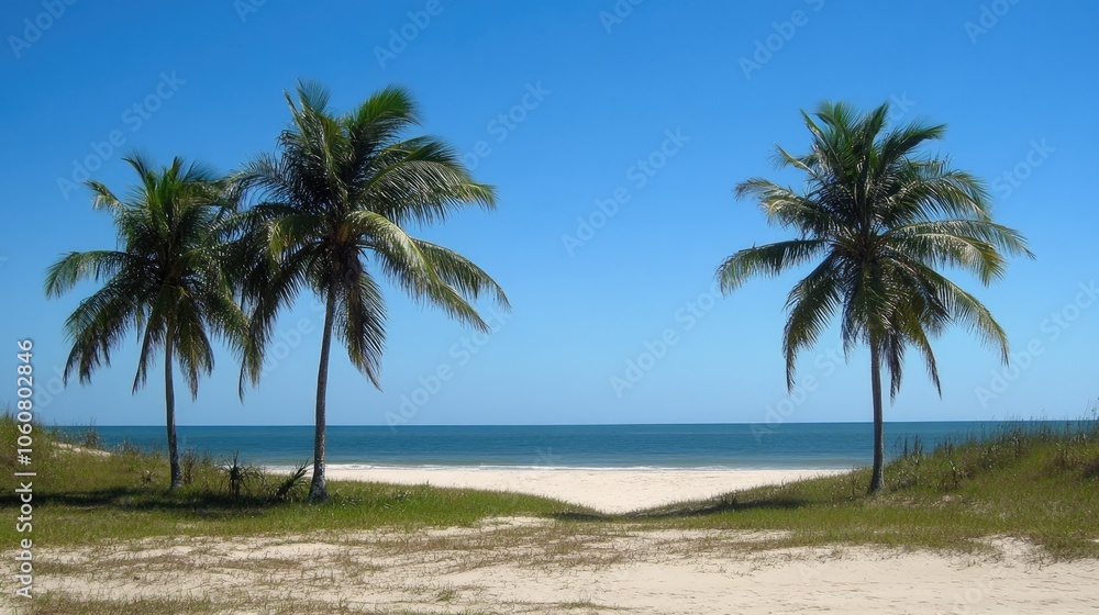 Beautiful white sandy beach with palm trees under a clear blue sky, setting a peaceful tropical scene. Beautiful white sandy beach with palm trees under a clear blue sky, setting a peaceful tropical scene.