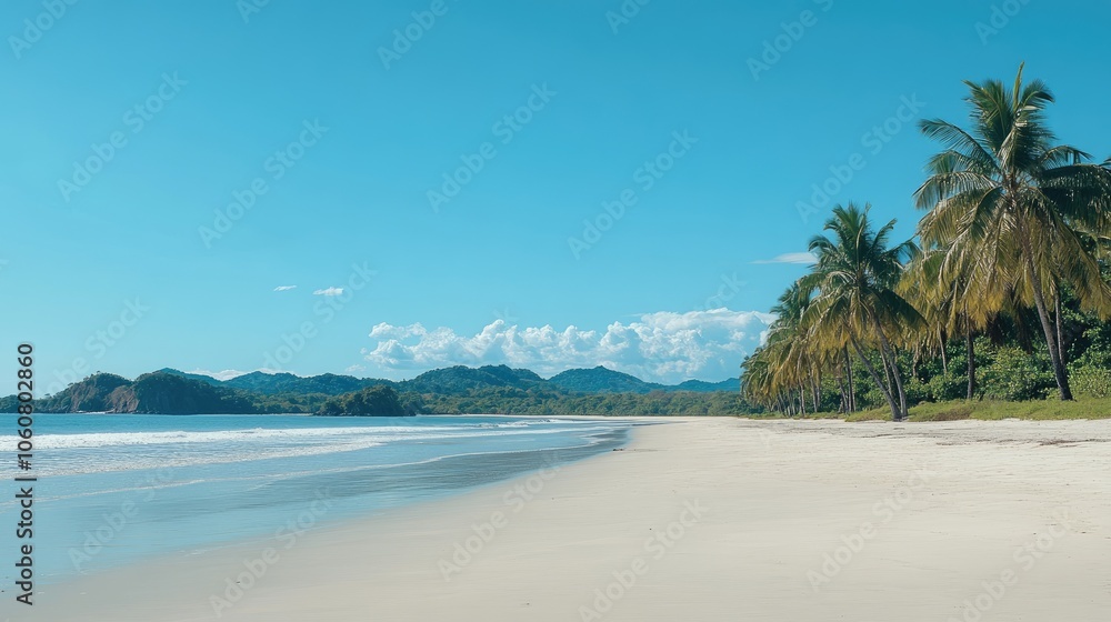 Beautiful white sandy beach with palm trees under a clear blue sky, setting a peaceful tropical scene. Beautiful white sandy beach with palm trees under a clear blue sky, setting a peaceful tropical scene.