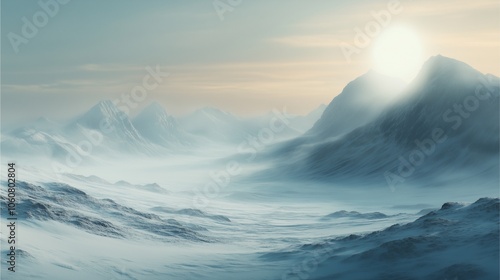 Wallpaper Mural Remote Nordic Mountains in Winter Light, fog rolling over untouched snowfields with soft morning light illuminating distant peaks, atmospheric negative space.   Torontodigital.ca