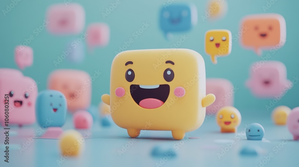 A 3D rendering of a cheerful yellow character surrounded by colorful speech bubbles. A 3D rendering of a cheerful yellow character surrounded by colorful speech bubbles.