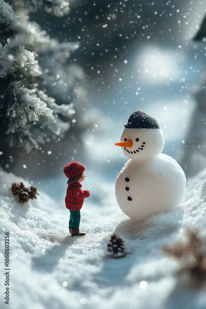 Obraz premium A young child stands beside a snowman in a winter scene